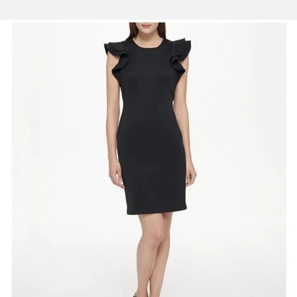 Tommy Hilfiger Scuba Flutter Ruffle Cap Sleeve Sheath Dress, Black Size 2